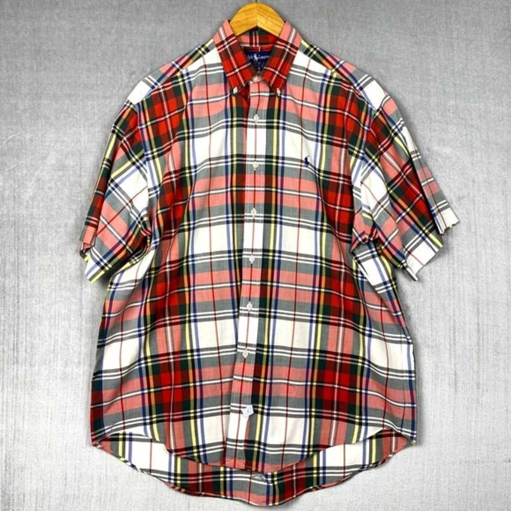 Vtg Ralph Lauren Button Down Mens L Red Plaid‎ Short Sleeve 100% Cotton Preppy